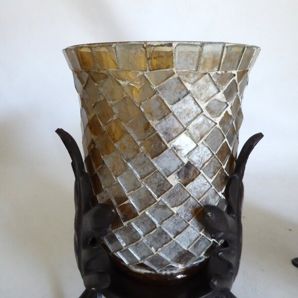 NEW 7.25” STAINED GLASS MOSAIC ART GLASS CAST IRON LEAF STANDS CANDLE HOLDER SET - Picture 10 of 13